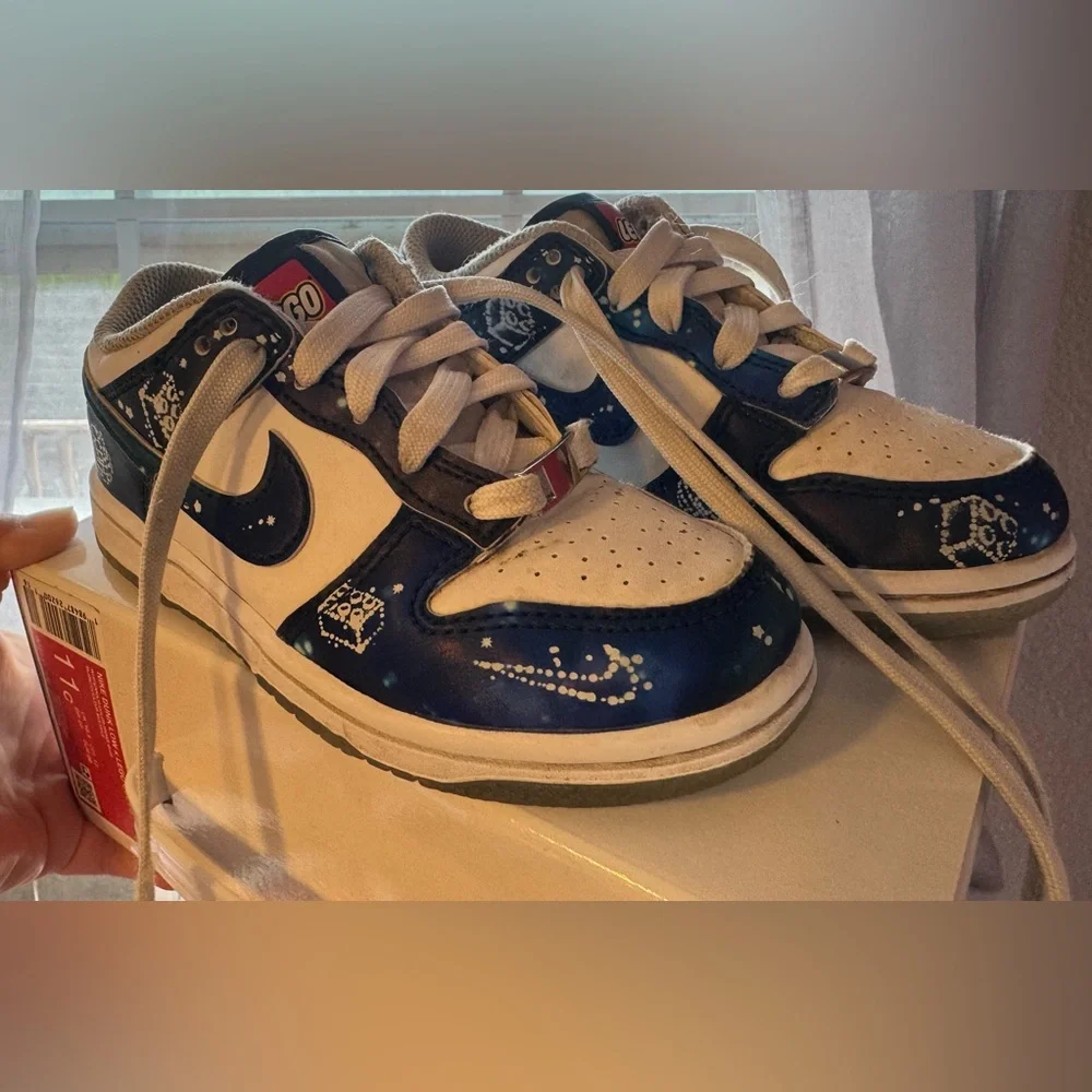 Kids Lego Nike Dunks Blue and White Low-Top Sneakers with Star Detail